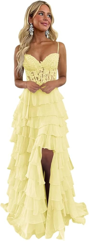 Ruffle Tiered Prom Dress Lace Applique Corset Spaghetti Straps Layered Chiffon Formal Evening Gow... | Amazon (US)