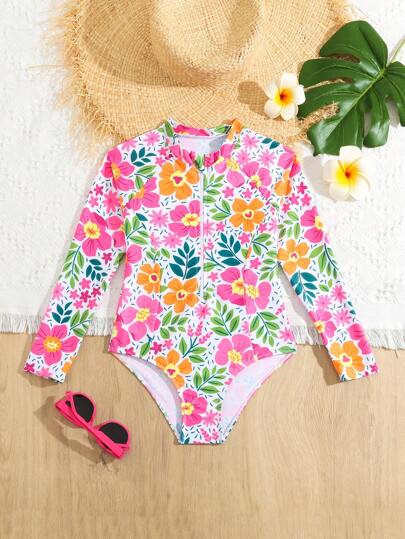 Young Girl Holiday Style One-Piece Swimsuit With Floral Print Long-Sleeved Design Summer Holiday | SHEIN