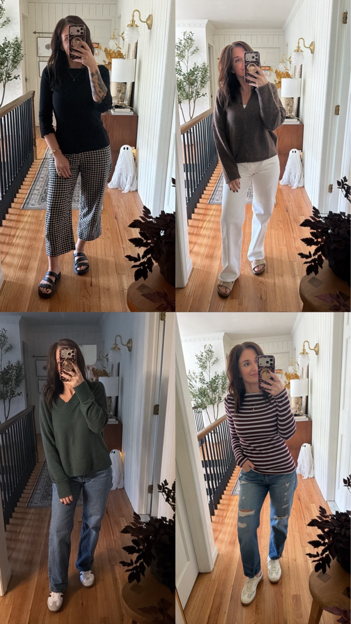 Outfits I wore to work this week!
Forgot to get a pic of mondays😒 
Black top size small
Gingham pants size 2
Brown sweater size small
White jeans size 26 short
Green sweater size XS
Bottom left jeans size 26 short 
Striped shirt size medium 
Jeans size 2

#LTKSaleAlert #LTKootd #LTKdayinmylife