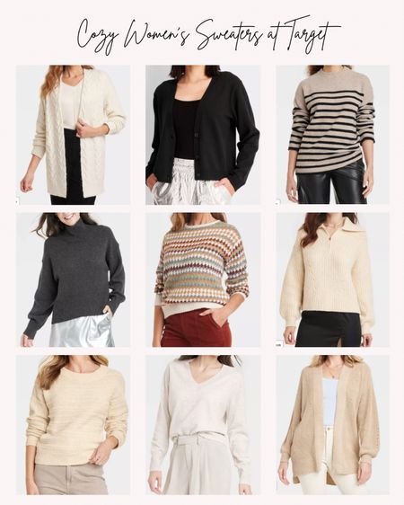 Cozy Women’s Sweaters at Target. Cardigan, stripes, neutrals, open front cardigan, quarter zip, crewneck, turtleneck, v-neck, tunic, chunky knit, fine gauge, pullover 

#LTKSeasonal #LTKstyletip #LTKover40