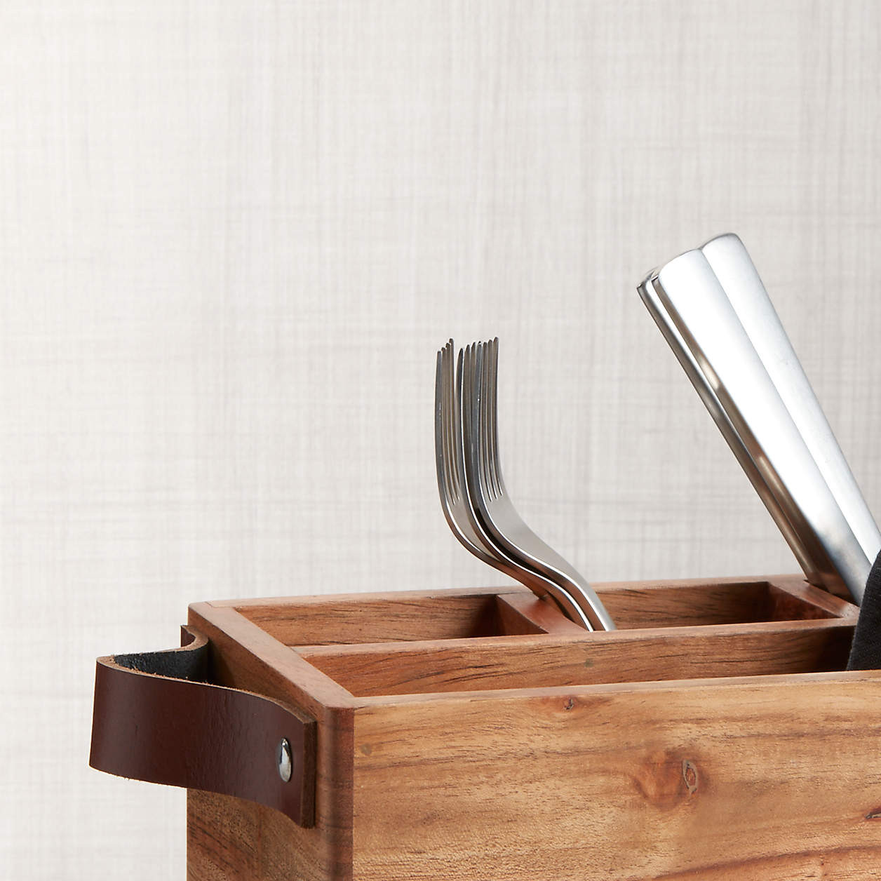 Carson Flatware Caddy with Leather Handles + Reviews | Crate & Barrel | Crate & Barrel