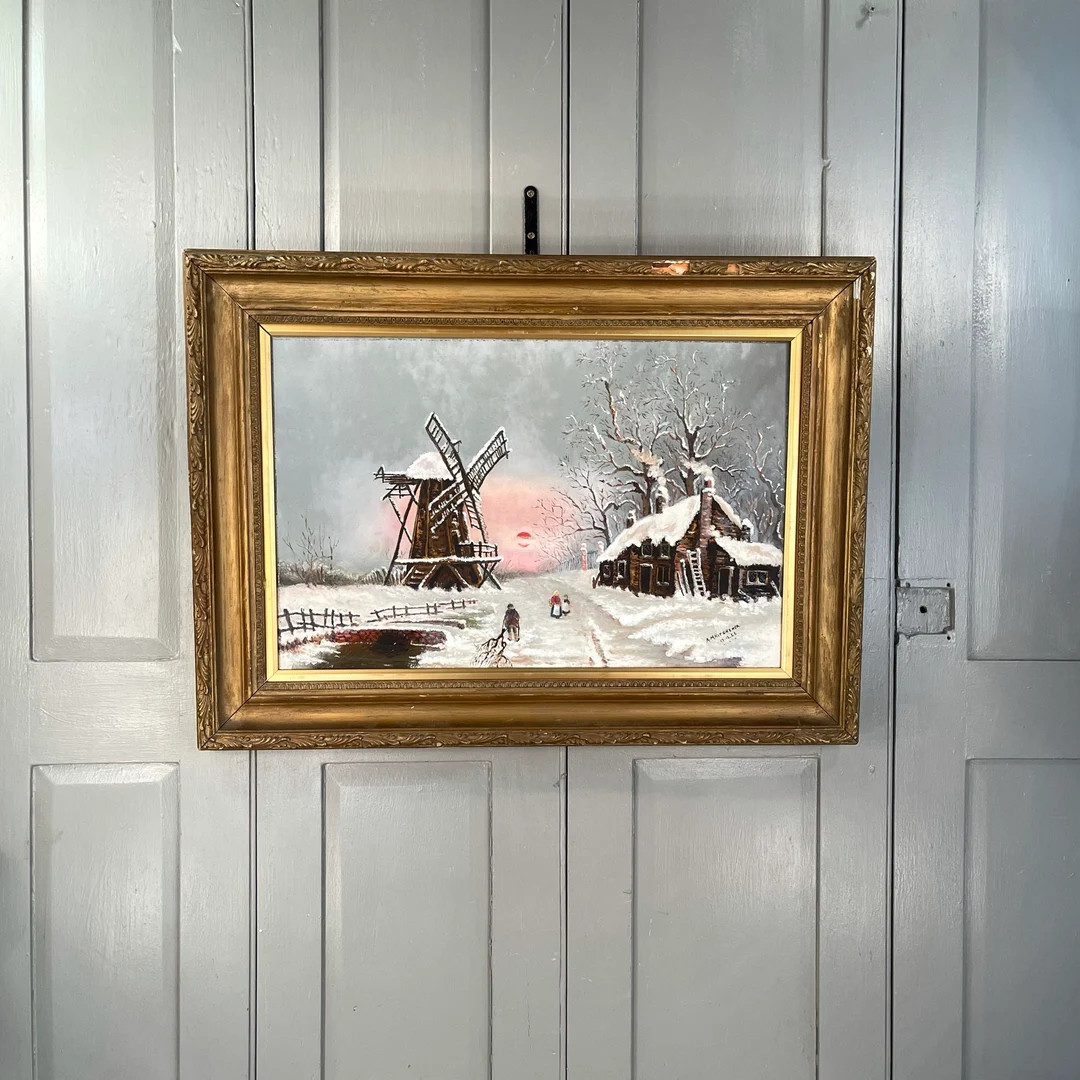 Antique Landscape Oil Painting Snow Scene of Windmill at - Etsy | Etsy (US)