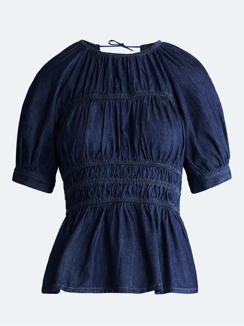 Free Assembly Women's Smocked Denim Top with Peplum Hem, Sizes XS-XXL | Walmart (US)