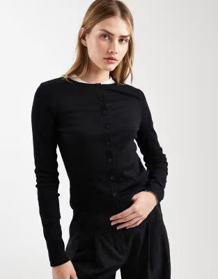 ASOS DESIGN cotton rib crew neck button through top in black | ASOS (Global)