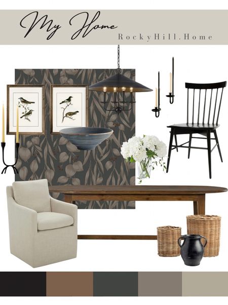 My dining room mood board featuring wallpaper, black modern windsor chairs, transitional chandelier, McGee & Co basket planters, pottery barn dusty blue bowl, studio mcgee candle holder, candle sconces, upholstered dining chairs 

#LTKhome #LTKstyletip