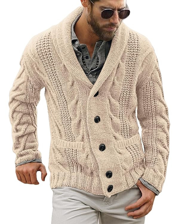 Mens Cable Knit Cardigan Sweater Shawl Collar Loose Fit Long Sleeve Casual Cardigans | Amazon (US)