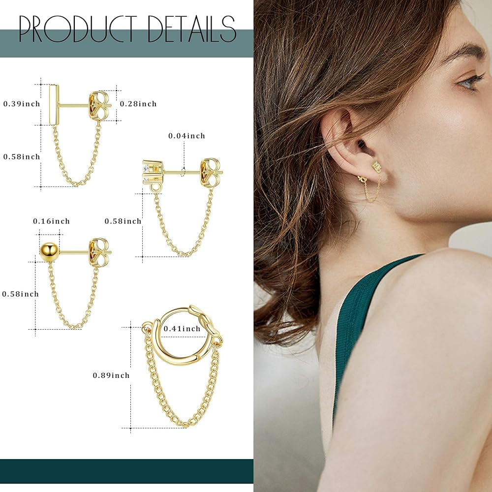 YADOCA 4 Pairs Chain Earrings for Women CZ Ball Bar Huggie Hoop Piercing Dangle Chain Stud Earrin... | Amazon (US)
