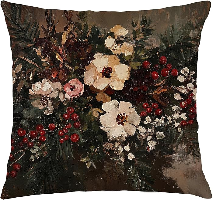 Vintage Moody Floral Christmas Pillow Covers 18x18, Cottagecore Christmas Decor, Dark Academia Ho... | Amazon (US)
