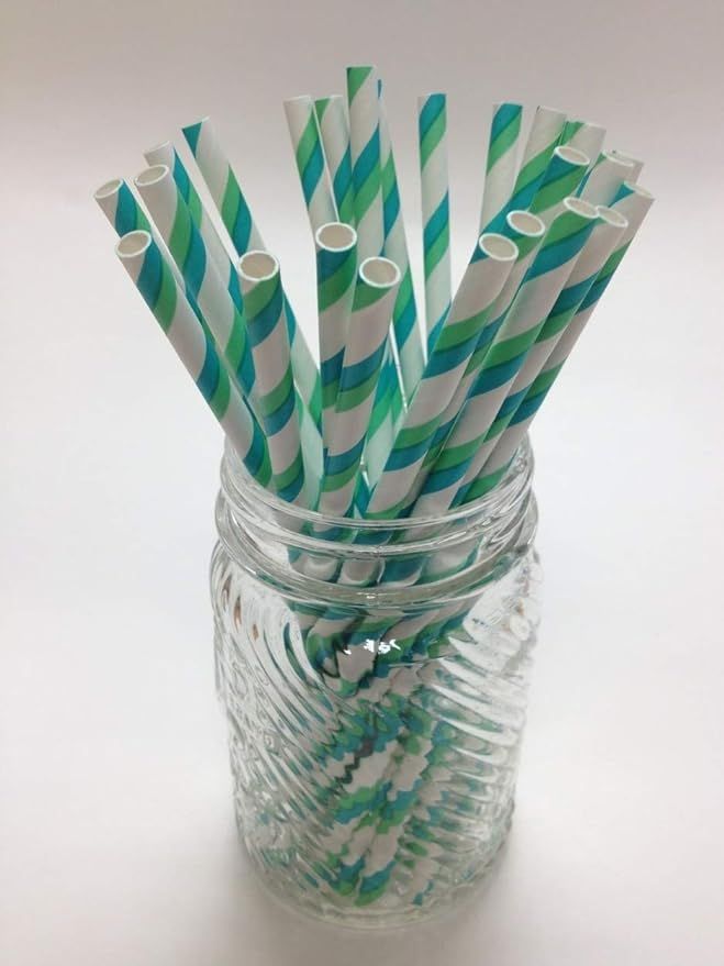 Aardvark Aqua, Green & White Striped Paper Drinking Straws (Qty of 100 - Made in USA) | Amazon (US)
