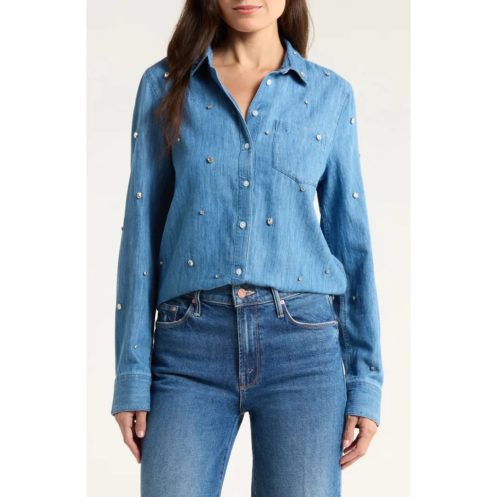 Caslon® Crystal Embellished Denim Button-Up Shirt in Medium Wash at Nordstrom Rack, Size X-Small | Nordstrom Rack
