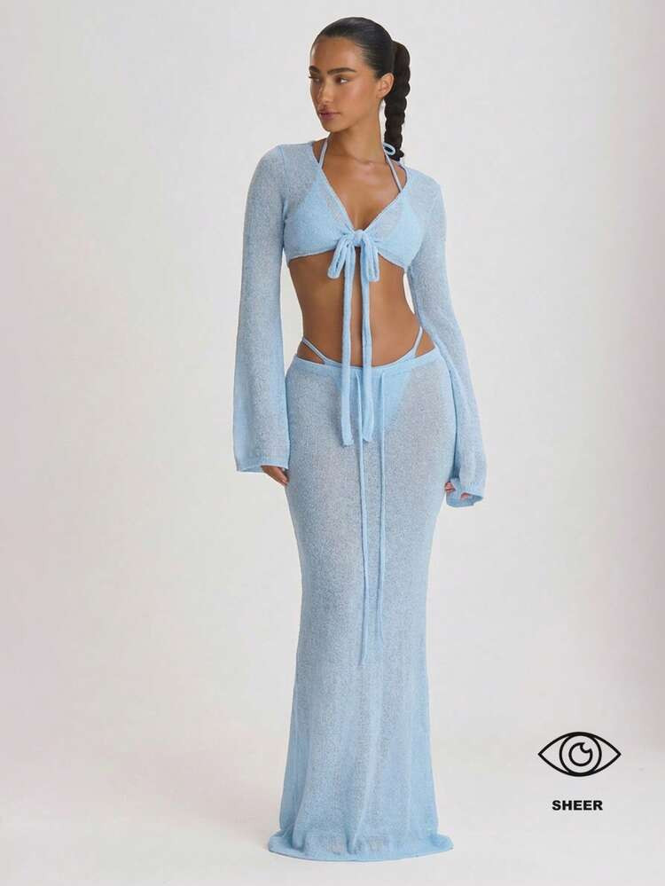 Musera Resort Knit Tie Front Maxi Skirt Cover Up Swim Vacation Holiday Summer Travel Beachwear Ba... | SHEIN