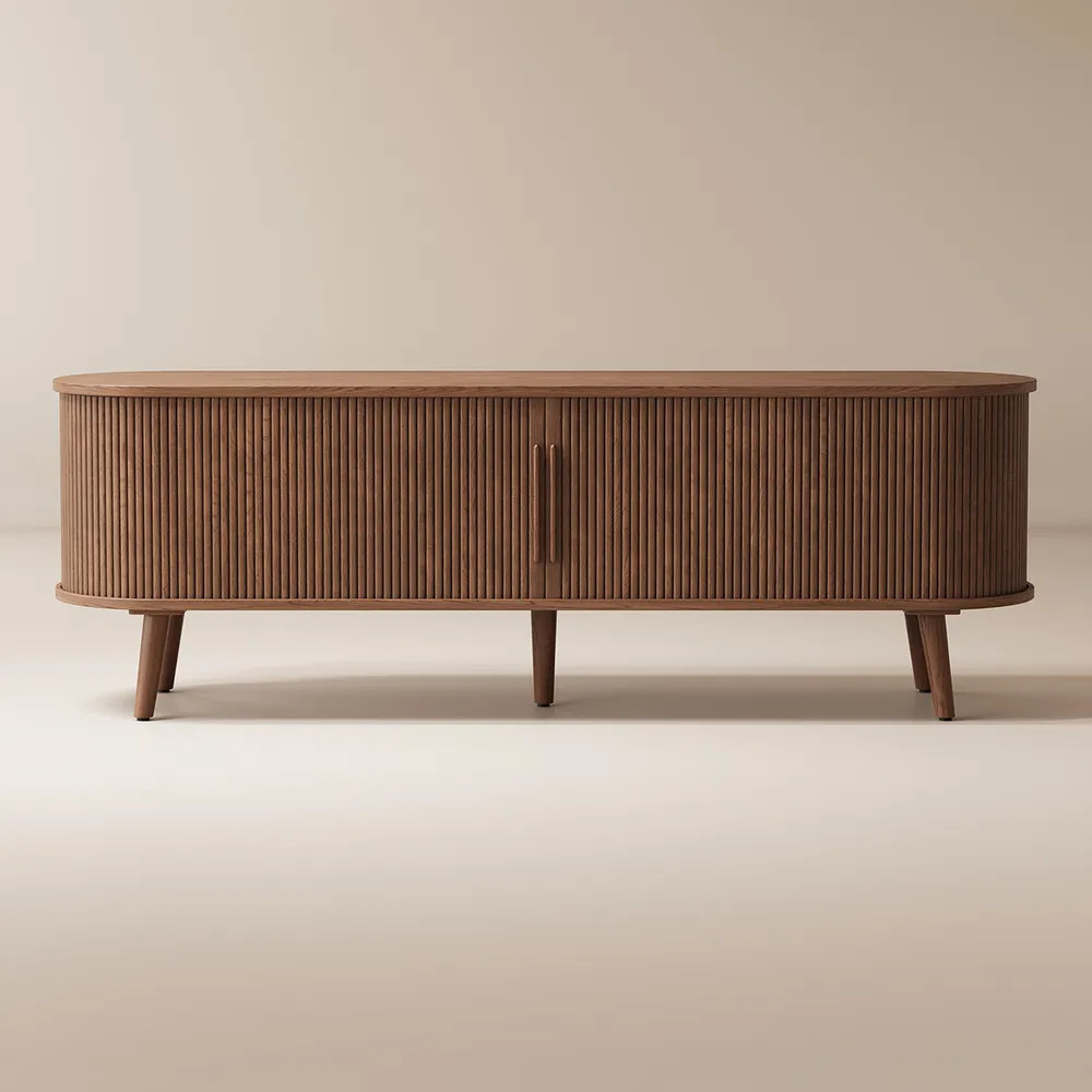 Hernest | 70" Oval Wooden TV Stand with Sliding Door Cabinets | Hernest