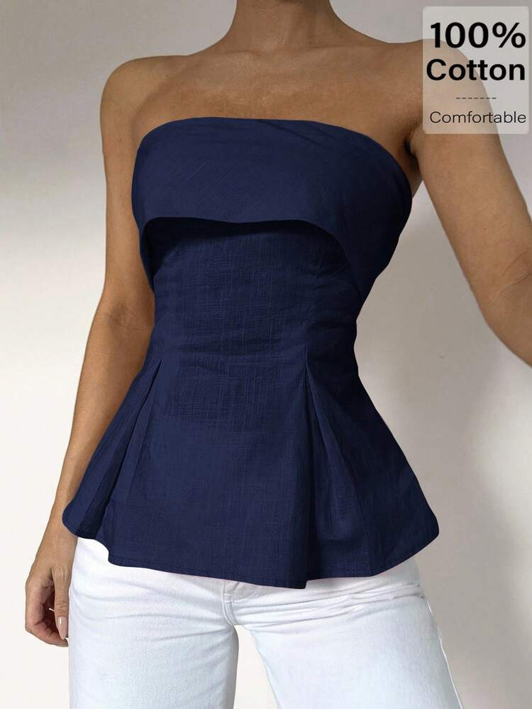 Siren Gaze Linen-Cotton Tube Top: Waist-Defining Bohemian Office Wear | Old Money Elegance Summer 2025 New Release | Day-To-Night Transition & Office Siren Style Navy Blue Tube Top Strapless Peplum Top Women Strapless Tops Peplum Tops For Women Casual | SHEIN