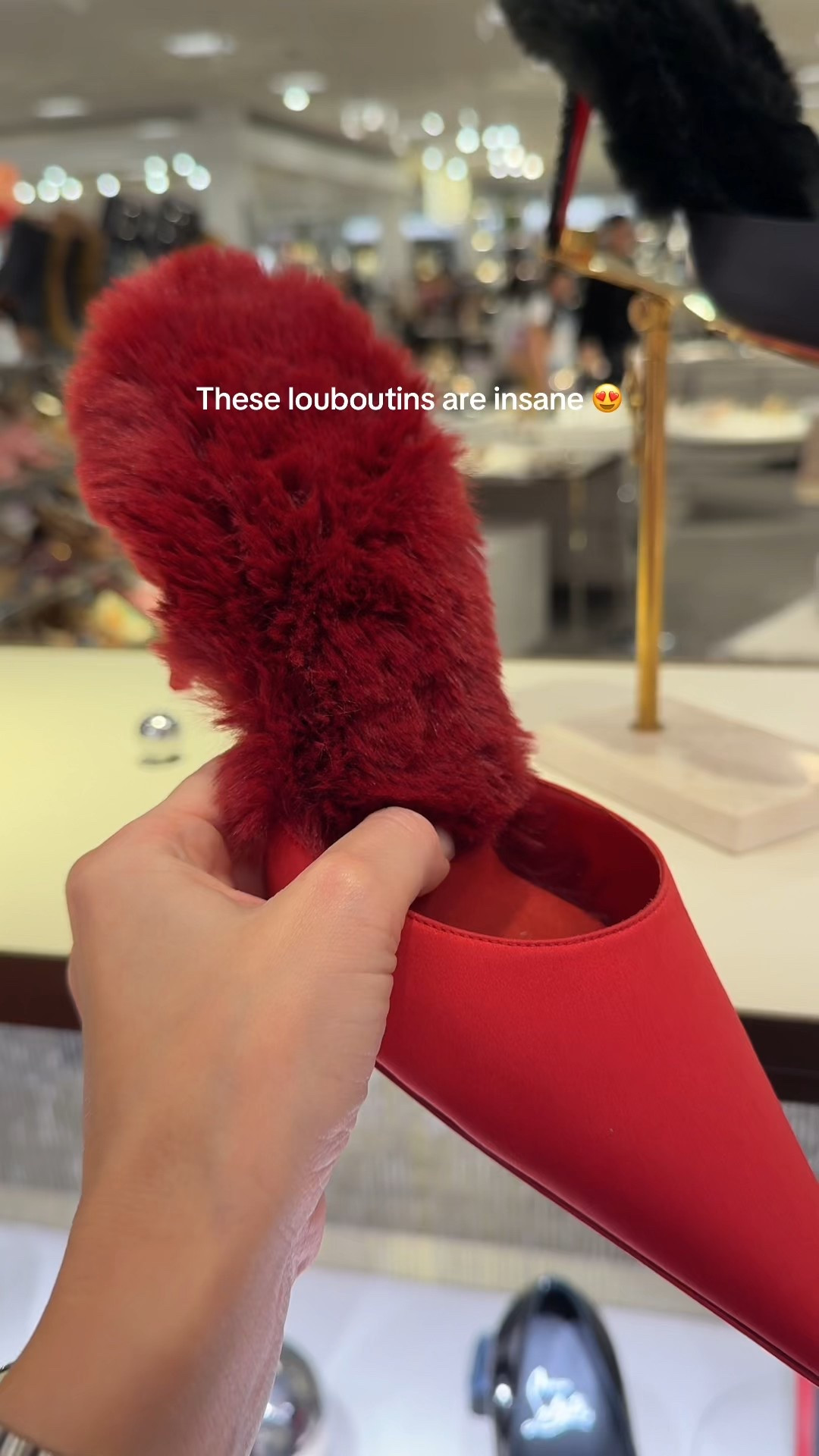 What do you think of these shoes?! I really hope they make people try these on with socks 🤣 #christianlouboutin #louboutin #louboutinheels Christian louboutin fur heels 
