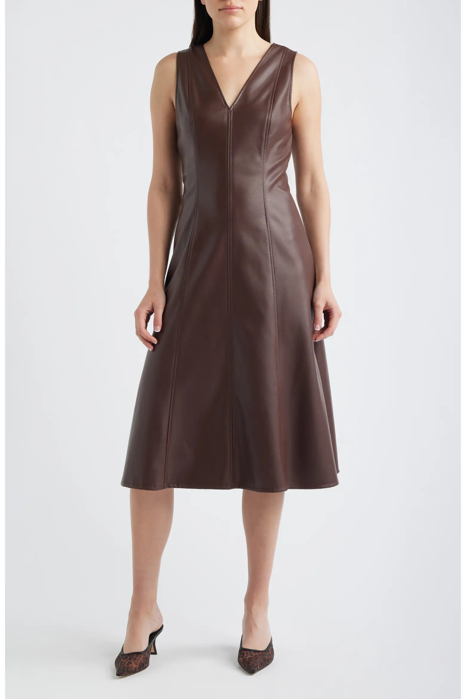 V-Neck Faux Leather Fit & Flare Midi Dress (Women) | Nordstrom | Nordstrom