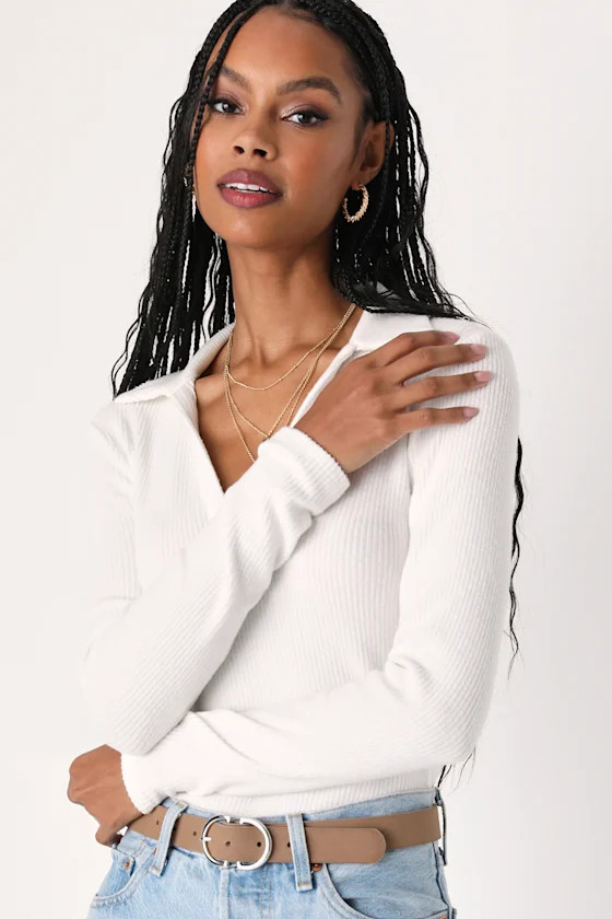 Your Favorite Pick White Ribbed Long Sleeve Collared Sweater Top | Lulus (US)