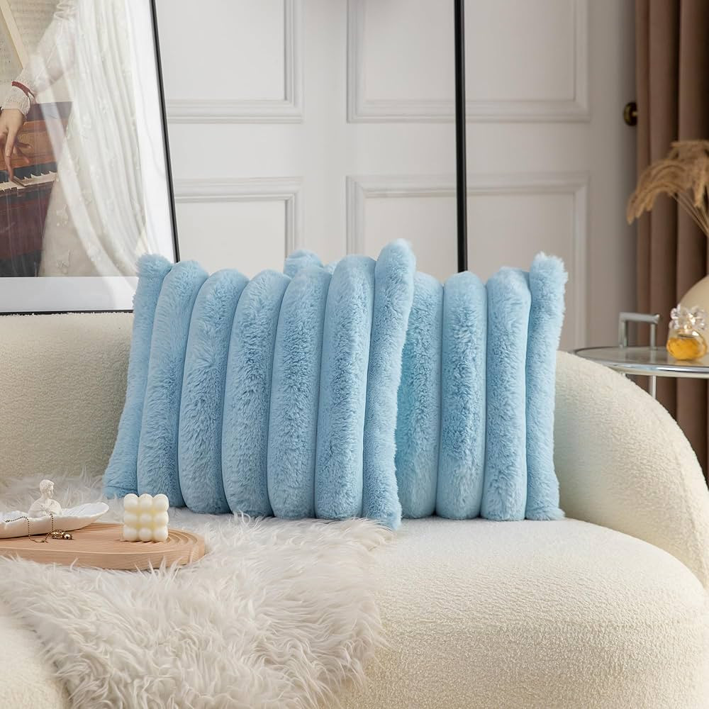 Neelvin Blue Faux Fur Cozy Soft Striped Decorative Throw Pillow Covers 22x22 inch Set of 2,Velvet... | Amazon (US)