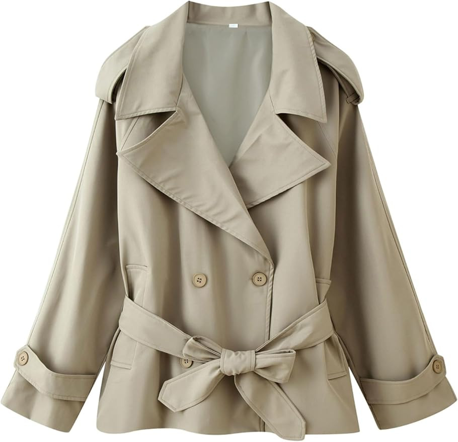 Bozanly Womens Casual Short Trench Coat Vintage Double Breasted Belted Jacket Outerwear with Pock... | Amazon (US)