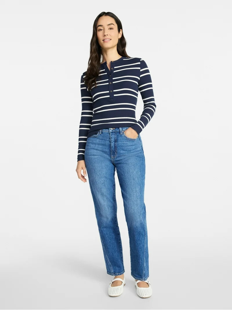 Time and Tru Women's Striped Henley with Long Sleeves, Sizes XS-XXXL | Walmart (US)