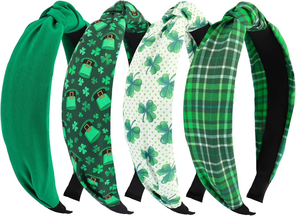 4PCS St. Patrick's Day Knotted Headbands- Green Shamrock Hat Plaid Hair Bands for Irish Festival,... | Amazon (US)
