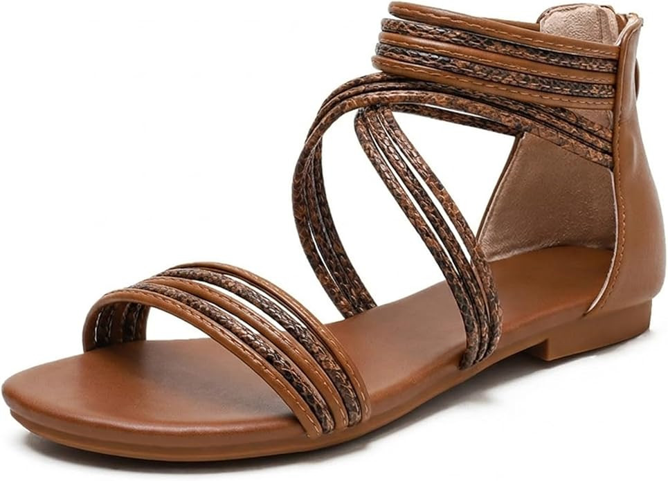 youngshow Women's Gladiator Sandals, Criss-Cross Strappy Flat Sandals with Back Zipper, Open Toe ... | Amazon (US)