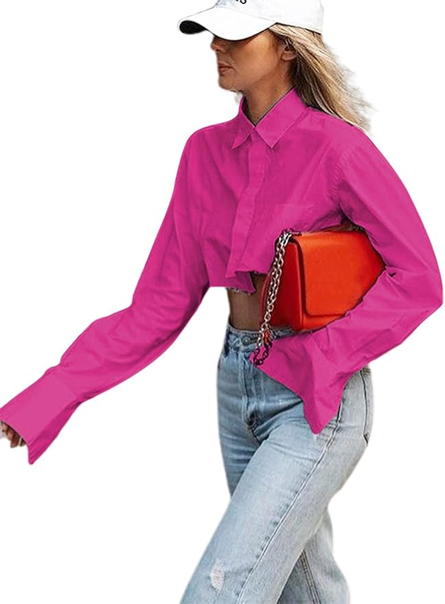 Remidoo Women's Asymmetrical Hem Long Sleeve Button Up Shirt Crop Top Blouse | Amazon (US)