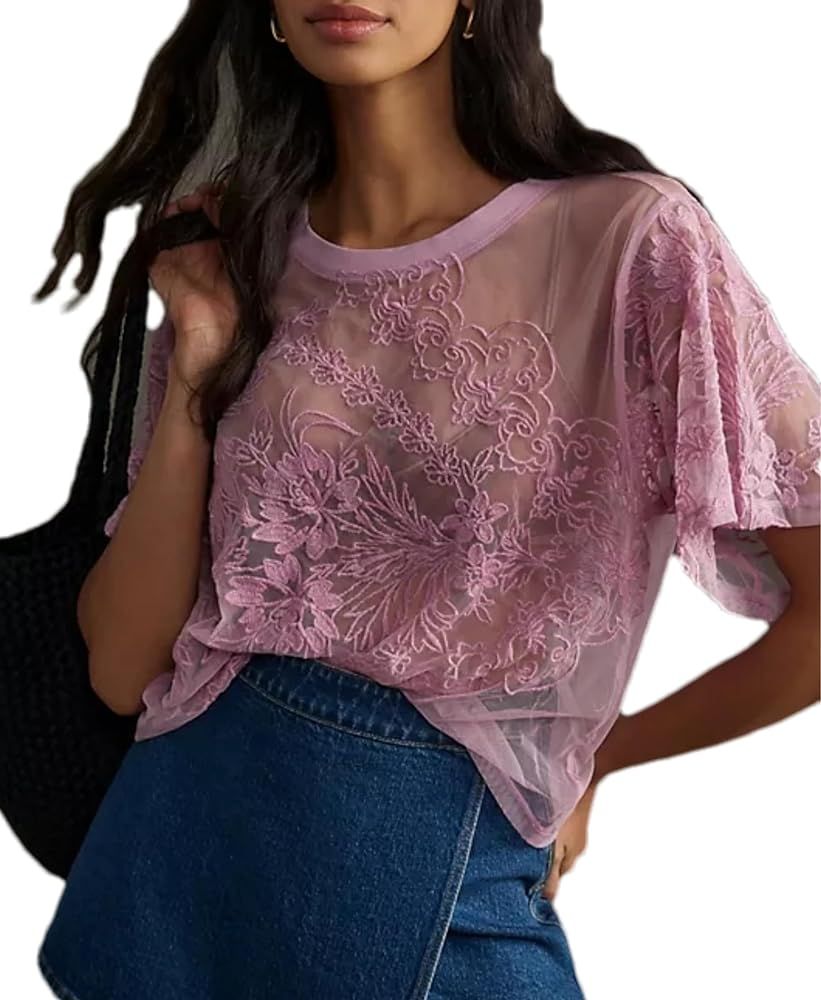 Women's Sexy Mesh Tops Short Sleeve Round Neck Lace 3D Printed Floral Sheer Blouse See Through La... | Amazon (US)