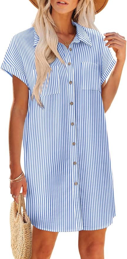 Zeagoo Summer Dresses for Women 2026 Cotton Button Down Short Sleeve Tshirt Dresses Casual Mini B... | Amazon (US)