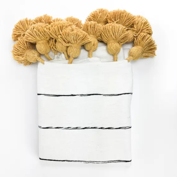 Ivory & Black Striped Bed Cover Blanket with yellow Pom Poms - Handwoven - Cotton - Moroccan - Twin  | Etsy (US)