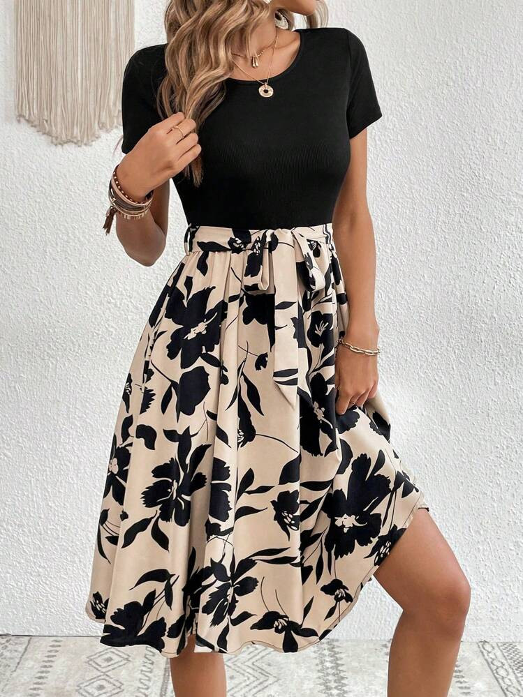 SHEIN Clasi Women Floral Print Contrast Color Belt Flare Hem Midi Dress, Summer | SHEIN