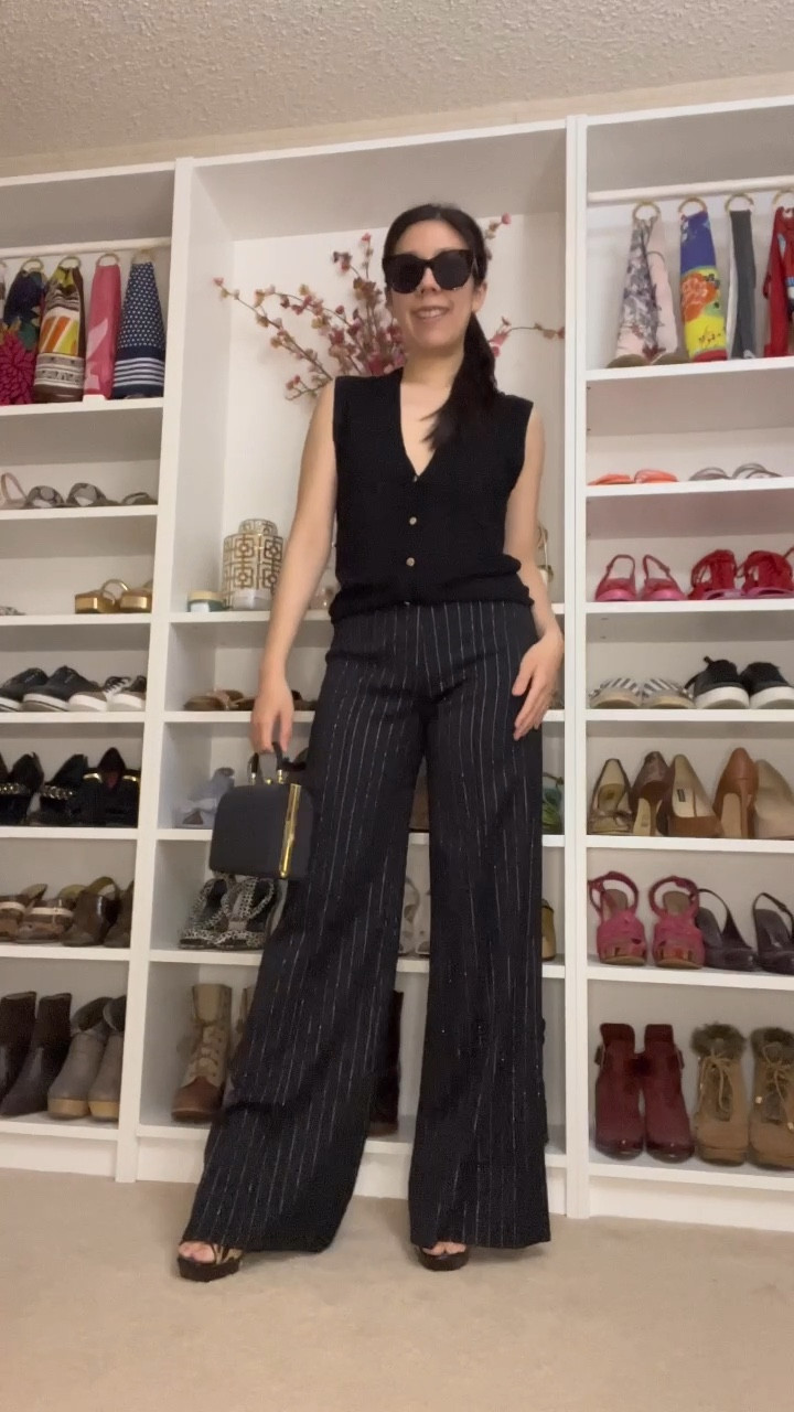 High waisted pinstripe trousers have a way of elongating your frame! These black pants have a silver sparkle that add a little something extra! I paired this with my black v-neck sweater vest that has gold buttons. I’m not big on mixing metals but I think it works pretty well! As for accessories, I kept it simple with a black box bag and platform heels. 

#LTKWorkwear #LTKStyleTip #LTKSummerSales