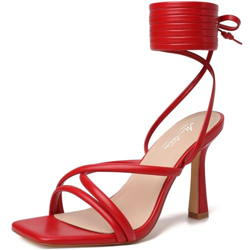 Mostrin Red Strappy Heels for Women Lace Up Heels Sexy Tie Up Stiletto Heeled Sandals Square Open Toe High Heels for Prom, Party and Weddings Size 9.5 | Amazon (US)