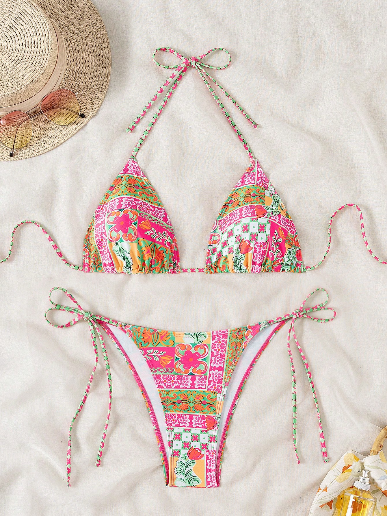 SHEIN Swim Women's Summer Beach Floral Print Halter Neck Sexy Bikini Set, Random Print | SHEIN