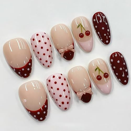 Almond Press on Nails Medium French Tip Fake Nails with Polka Dot Design, 3D Bow Charms Reusable Cute Cherry False Nails with Glue Tabs Pink Acrylic Nail for Women Manicure 24Pcs | Amazon (US)
