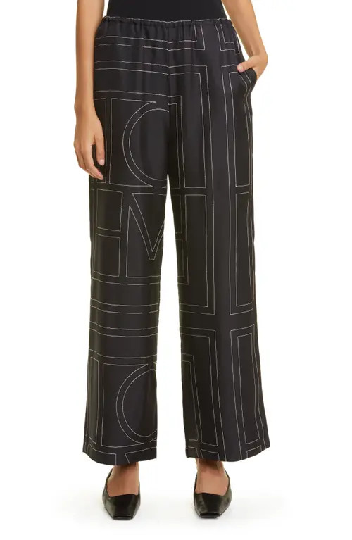 TOTEME Monogram Silk Pajama Bottoms in Black Monogram at Nordstrom, Size 0 Us | Nordstrom