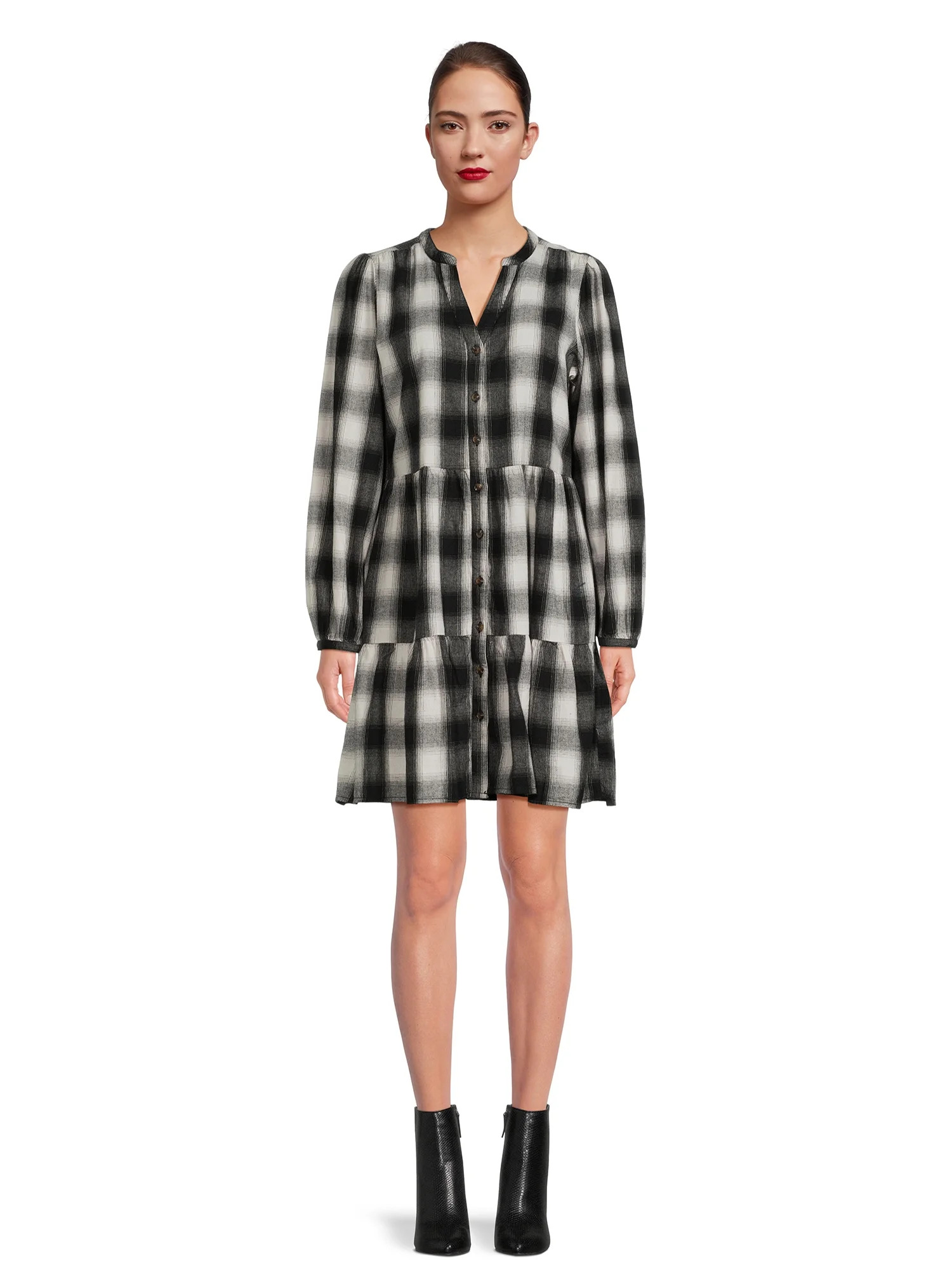 Time and Tru Women's Tiered Plaid Shirtdress with Puff Sleeves, Sizes XS-XXXL | Walmart (US)