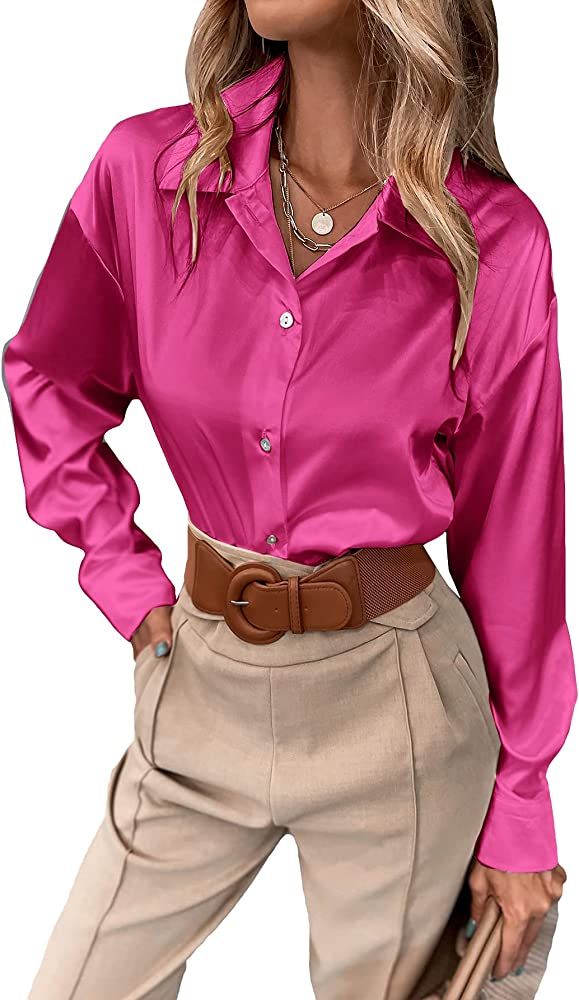 SheIn Women's Satin Long Sleeve Drop Shoulder Button Front Blouse Shirt Tops | Amazon (US)