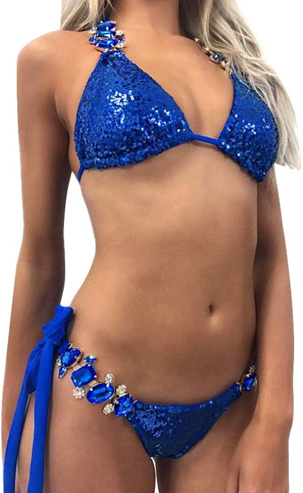 Queena Women Sequin Sexy Swimwear Shining Rhinestone Crystal Bikini Set Push Up Padded Bra Beach ... | Amazon (US)