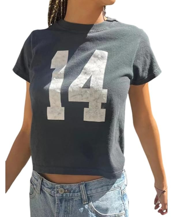 Number 14 Fitted Tee Jersey Summer Crop Top Short Sleeve Y2k Shirt Graphic Baby Tee Women | Amazon (US)