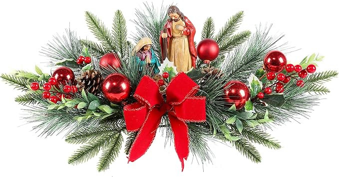 MOONET Christmas Table Centerpiece with LED Lights, Red Plastic Jesus Pine Needle Ornament, Red B... | Amazon (US)