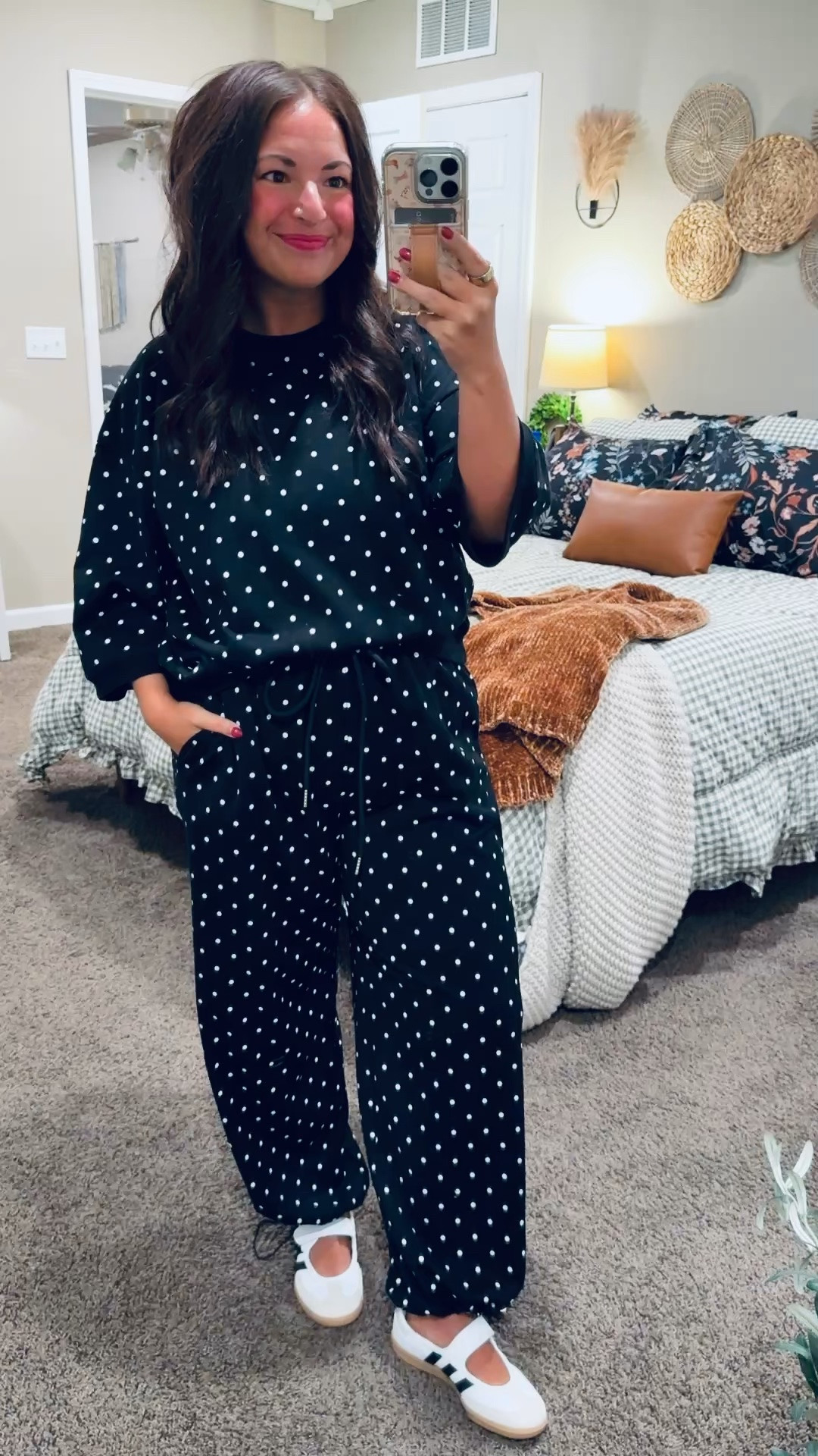 A little polka dot love! 🖤 This Amazon two-piece set is such a cute, comfy option for the classroom! Loving the relaxed fit & wide-leg pants paired with white Mary Janes.

sneakers: fit true to size // wearing a kids 3.5 (linking adult size as well)
set: fits oversized // wearing a large 

 #LTKootd #LTKMidsize #LTKWorkwear