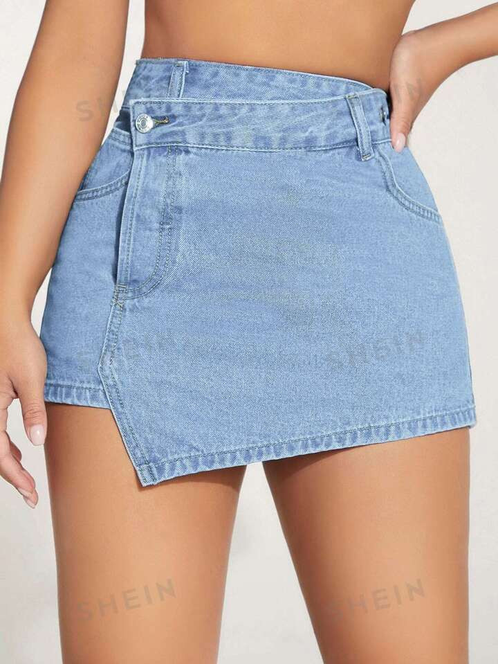 SHEIN PETITE High Waist Asymmetrical Hem Denim Skort | SHEIN