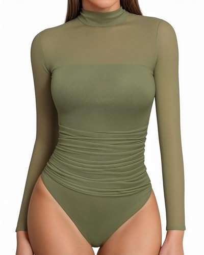 MANGOPOP Women's Mock Turtle Neck Bodysuit Mesh Long Sleeve Body Suit Sexy Ruched Sheer Going Out Tops (Army Green, XX-Large) | Amazon (US)