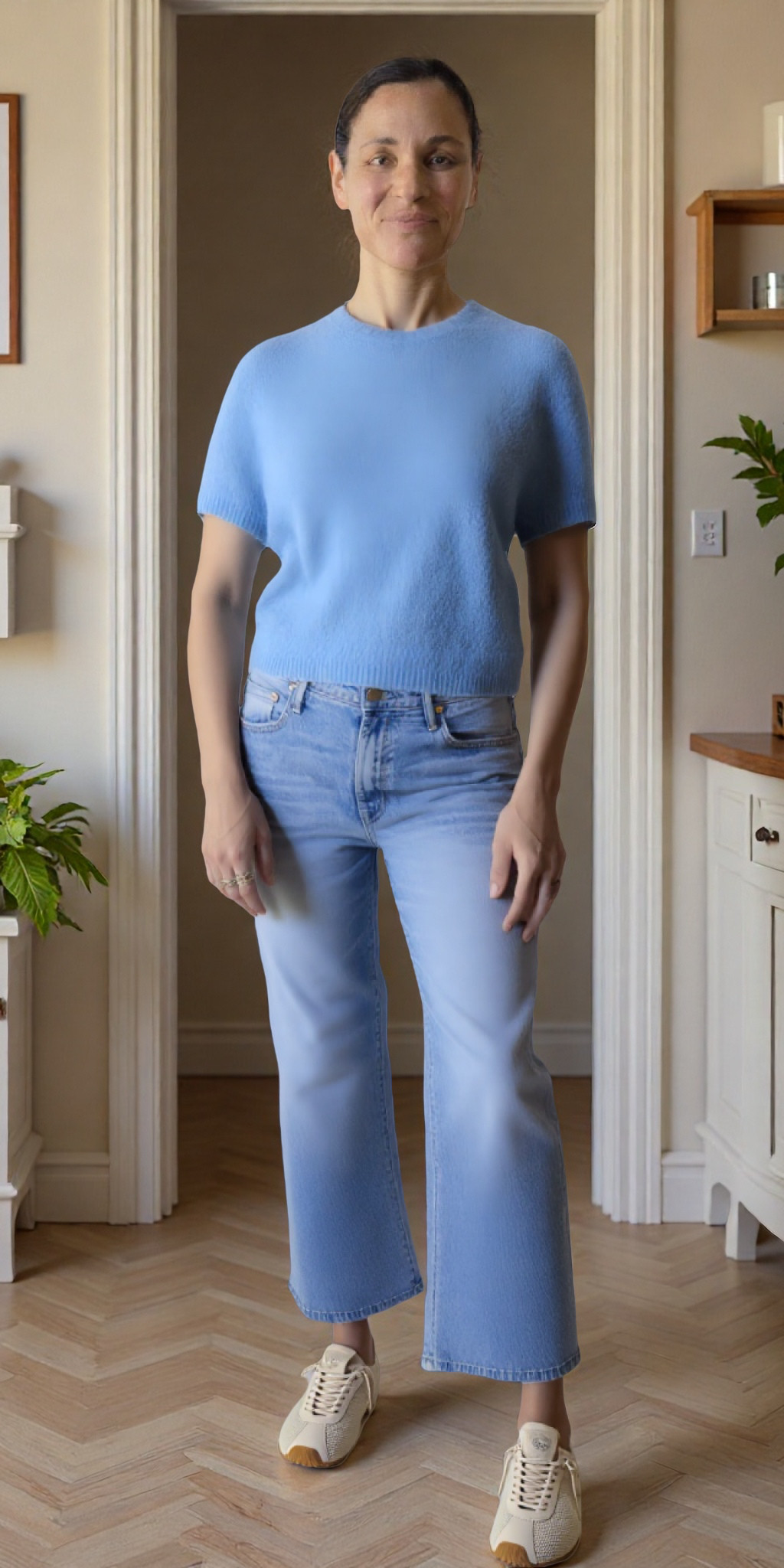 Weekend wear for a full day outdoors, featuring a relaxed and comfortable, yet elevated style for everything from cheering on the sidelines to an al fresco lunch... DÔEN Hearst Alpaca-Blend Knit Sweater in Seashore Blue, MOTHER Petites Lil Mid Rise Ankle Jeans in Magic School Bus, and GOLDEN GOOSE Marathon Speed Low-Top Sneakers in Creamwhite 

 #LTKOver40 #LTKPetite #LTKShoeCrush