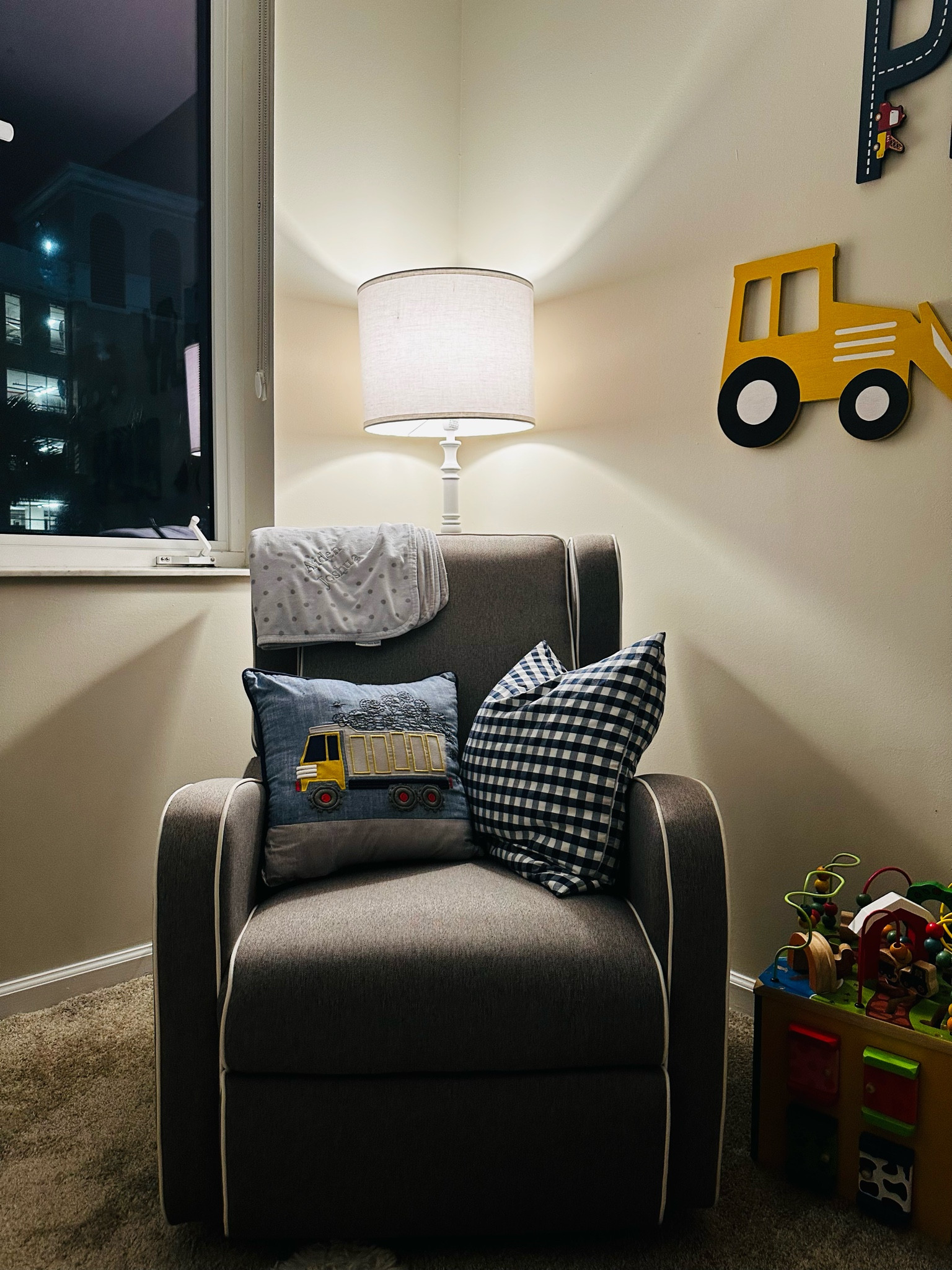 My new favorite corner of Aiden’s room! I’m in love with this Pottery Barn floor lamp and truck pillow. The rocking chair is so comfortable, great for reading books. 

#LTKhome #LTKbaby #LTKkids