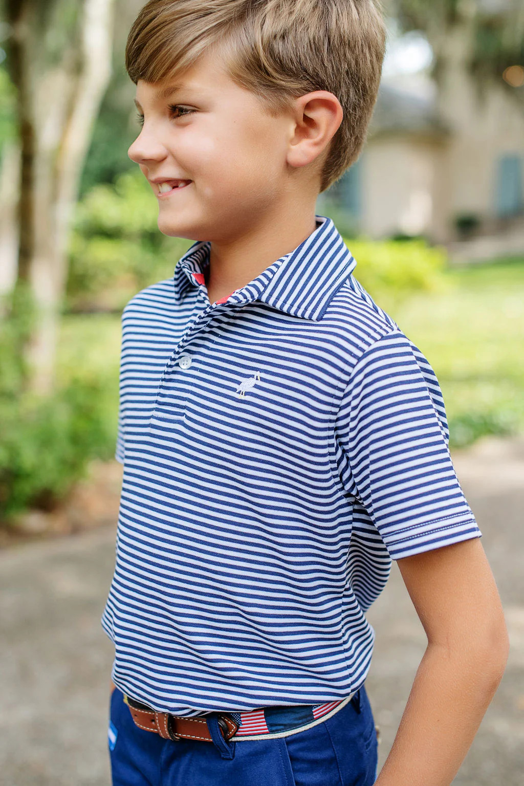 Prim & Proper Polo & Onesie - Nantucket Navy Stripe with Multicolor Stork | The Beaufort Bonnet Company