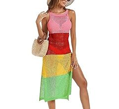 Crochet Swimsuit Cover Up for Women Knit Swim Coverup Long Hollow Out Bathing Suit Bikini Side Sp... | Amazon (US)