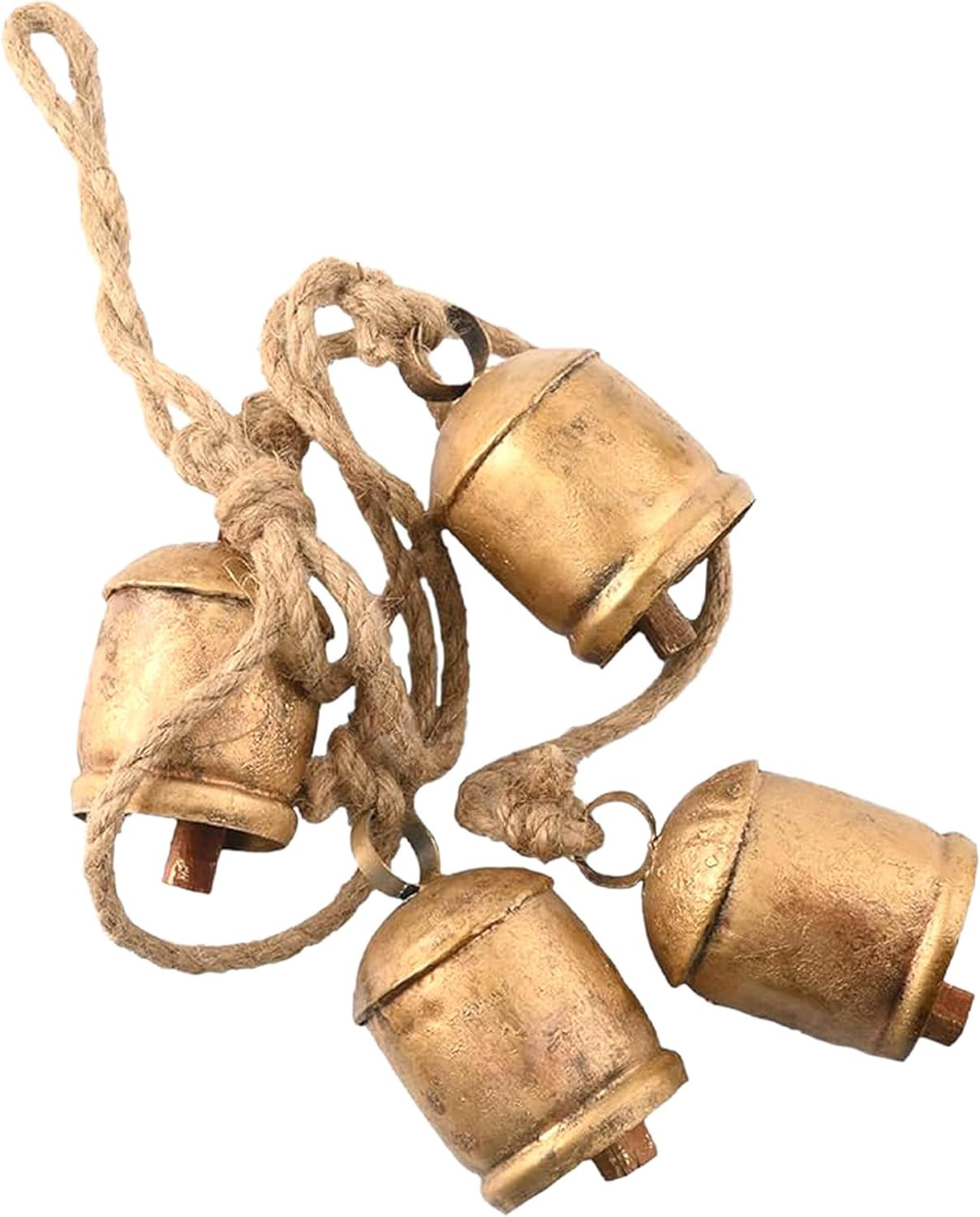 ZIG ZAG Vintage Gold Cluster Cow Bells on Rope (Pack of 4) Handmade Harmony Rustic Bells for Hanging Decor for Wall, Bedroom, Living Room, Door, or Christmas Tree Crafts - 4-Inch, Gold | Amazon (US)