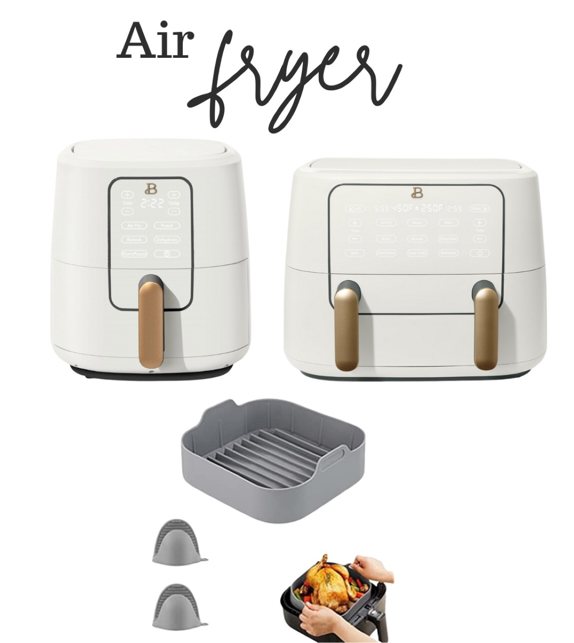 Air fryer and silicone dishwasher safe liner tray. 

The air fryer comes in a single bin or double bin, and comes in several color options. 


#walmart #walmarthome #amazonhome #amazon #amazonfinds #airfryer 

#LTKSeasonal #LTKhome #LTKfamily