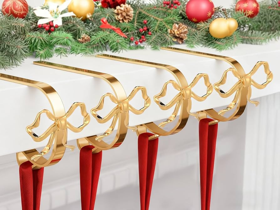 4 Pcs Christmas Bow Stocking Hangers Holder Mantle Metal Hooks Gold Christmas Stocking Clips Clas... | Amazon (US)